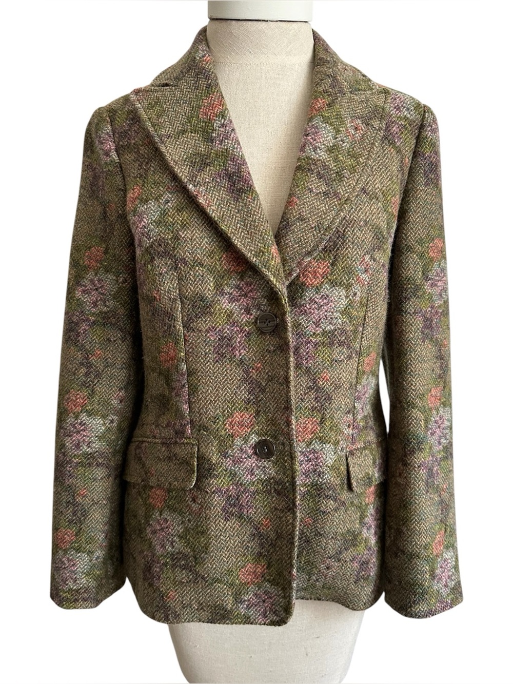 Etro Milano Wool Blend Jacket Blazer Mossy Green Floral Size 44